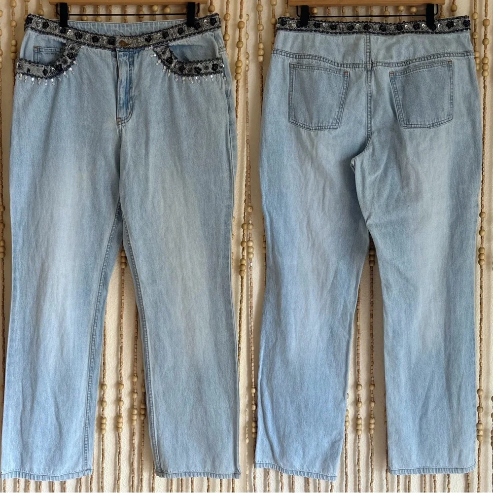 Vintage 90s Y2K Light Wash Beaded Sequin Embellished Boho Fairy Whimsy Jeans 16